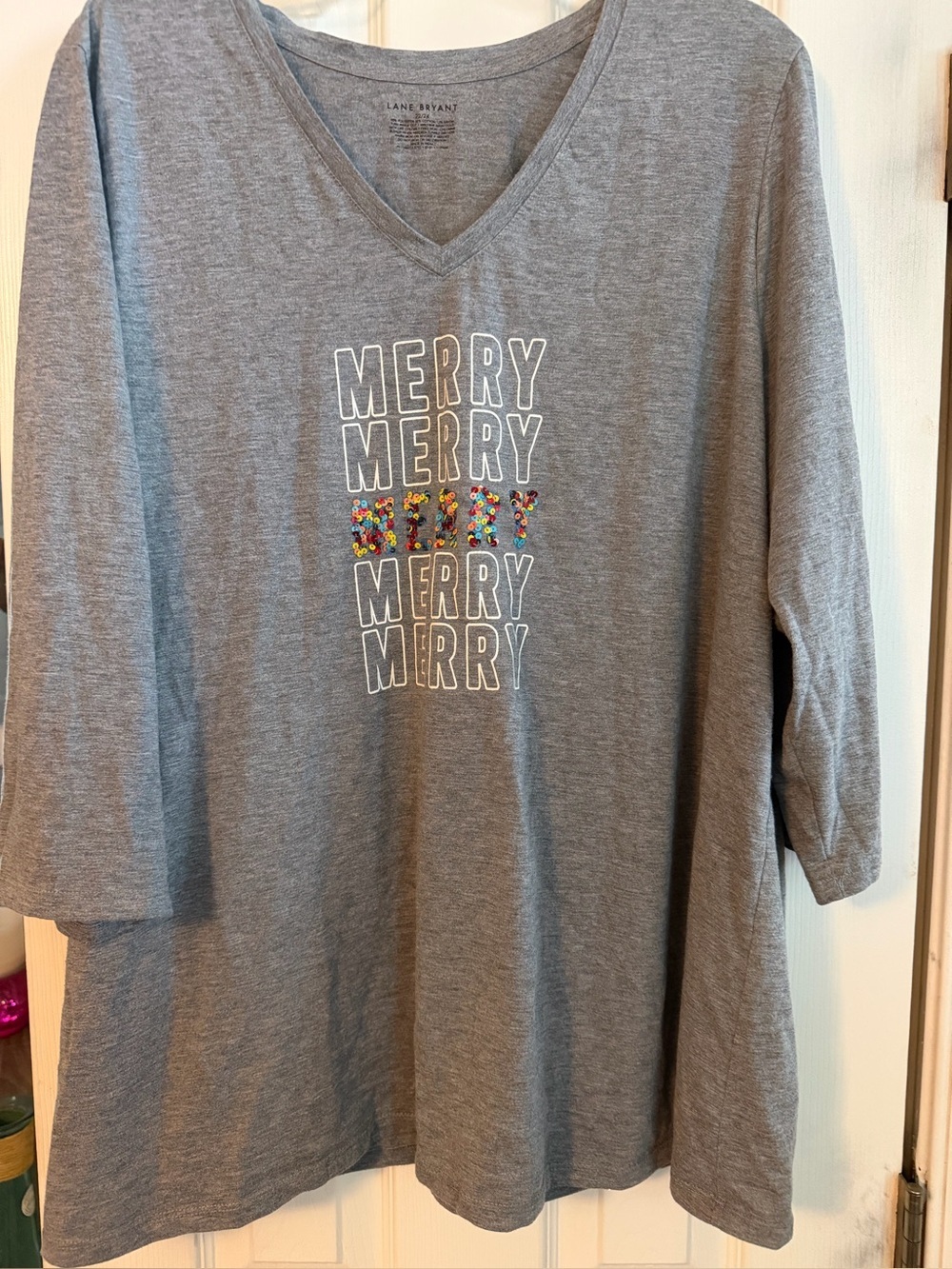 Lane Bryant Gray "Merry" Sequin Accent V-Neck Tee